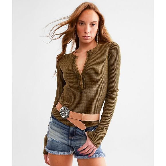 Free People Tops - Free People Colt Top Army Green Thermal Henley XS Cuffed Shirt Granola Western